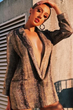 Rebellious Fashion Snake Print Coated Longline Blazer - Avilyn