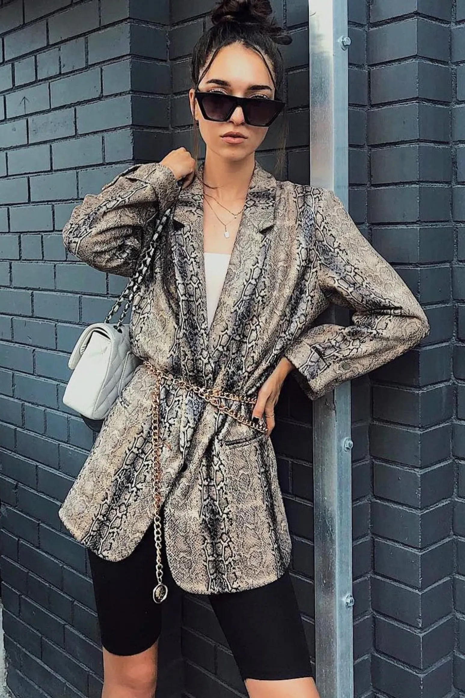 Rebellious Fashion Snake Print Coated Longline Blazer - Avilyn