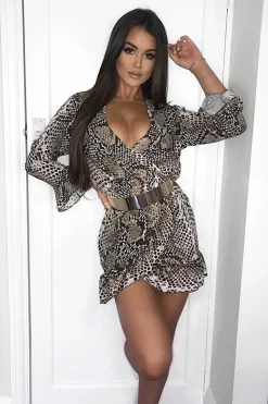 Rebellious Fashion Snake Print Plunge Wrap Front Frill Hem Shirt Dress - Dariel