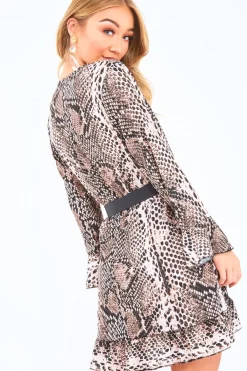 Rebellious Fashion Snake Print Plunge Wrap Front Frill Hem Shirt Dress - Dariel