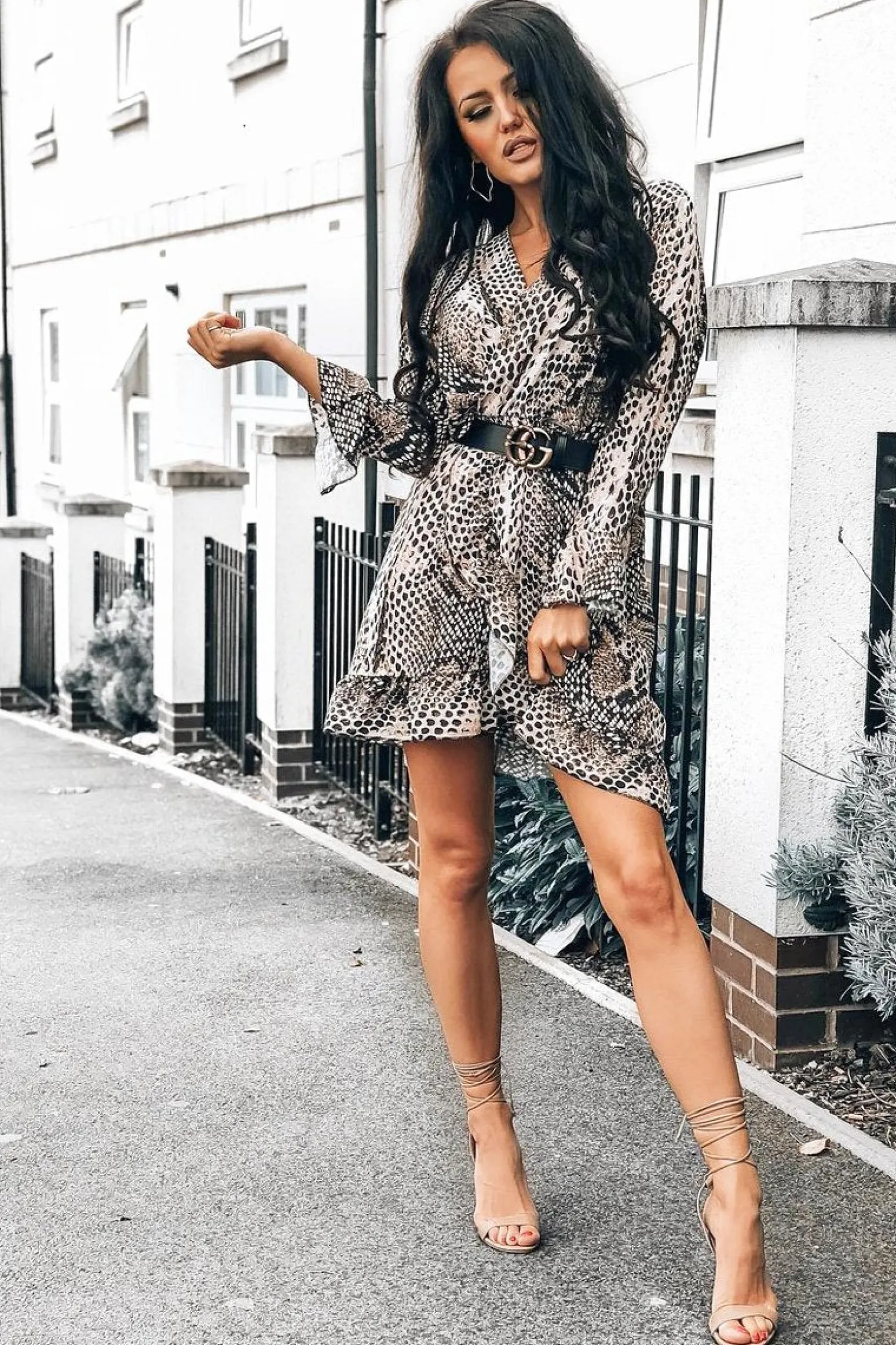 Rebellious Fashion Snake Print Plunge Wrap Front Frill Hem Shirt Dress - Dariel