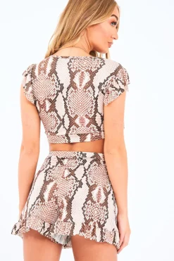 Rebellious Fashion Snake Print Ruffle Crop Top And Shorts Co-Ord - Liylah