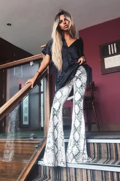 Rebellious Fashion Snake Print Velvet High Waisted Flared Trousers - Kamryn