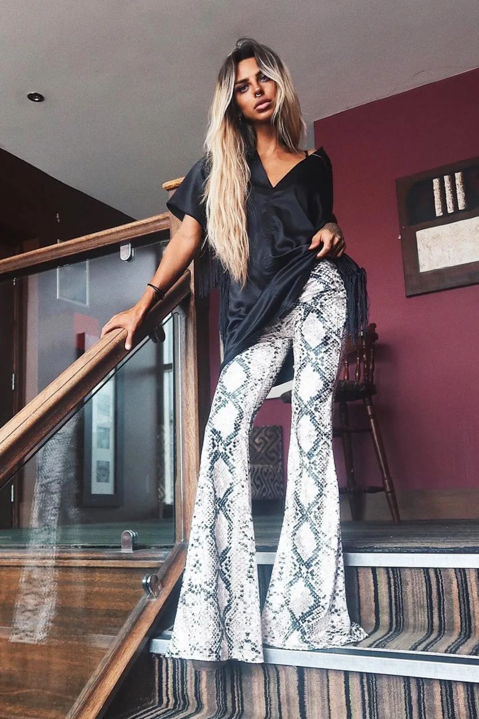 Rebellious Fashion Snake Print Velvet High Waisted Flared Trousers - Kamryn
