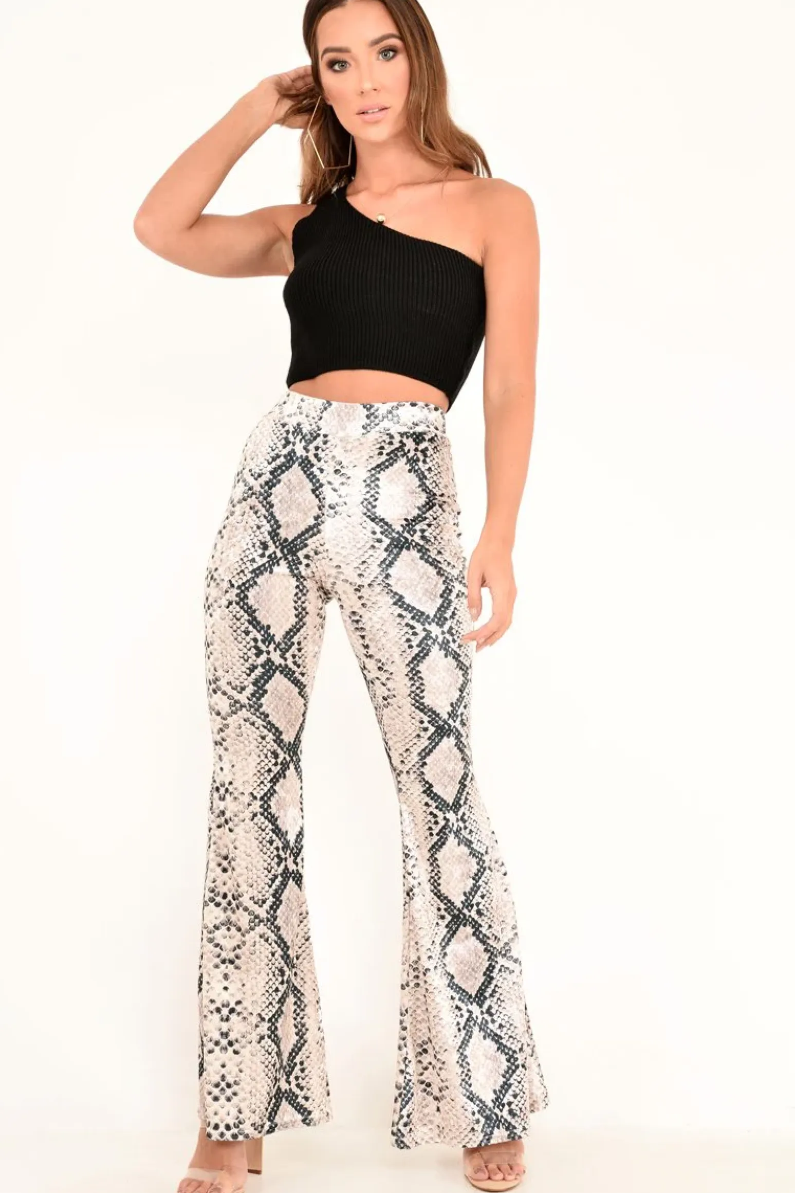 Rebellious Fashion Snake Print Velvet High Waisted Flared Trousers - Kamryn