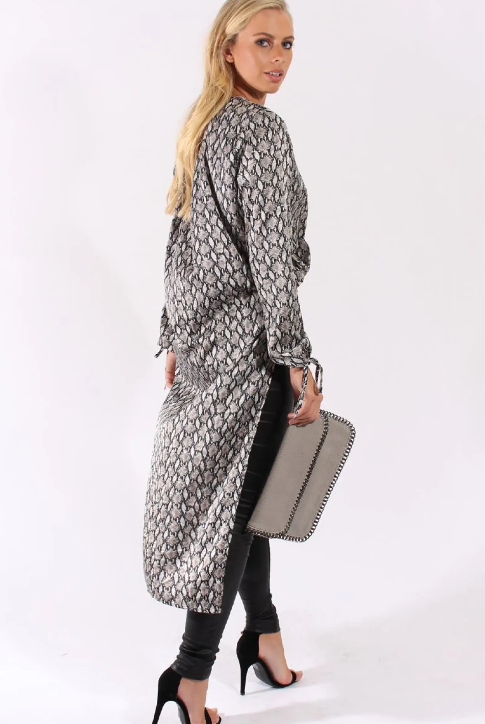 Rebellious Fashion Snake Print Wrap Front Dip Hem Shirt - Kamlyn
