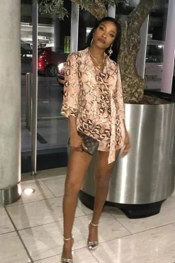 Rebellious Fashion Snake Print Wrap Plunge Playsuit - Aasha