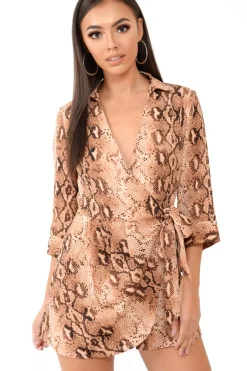 Rebellious Fashion Snake Print Wrap Plunge Playsuit - Aasha