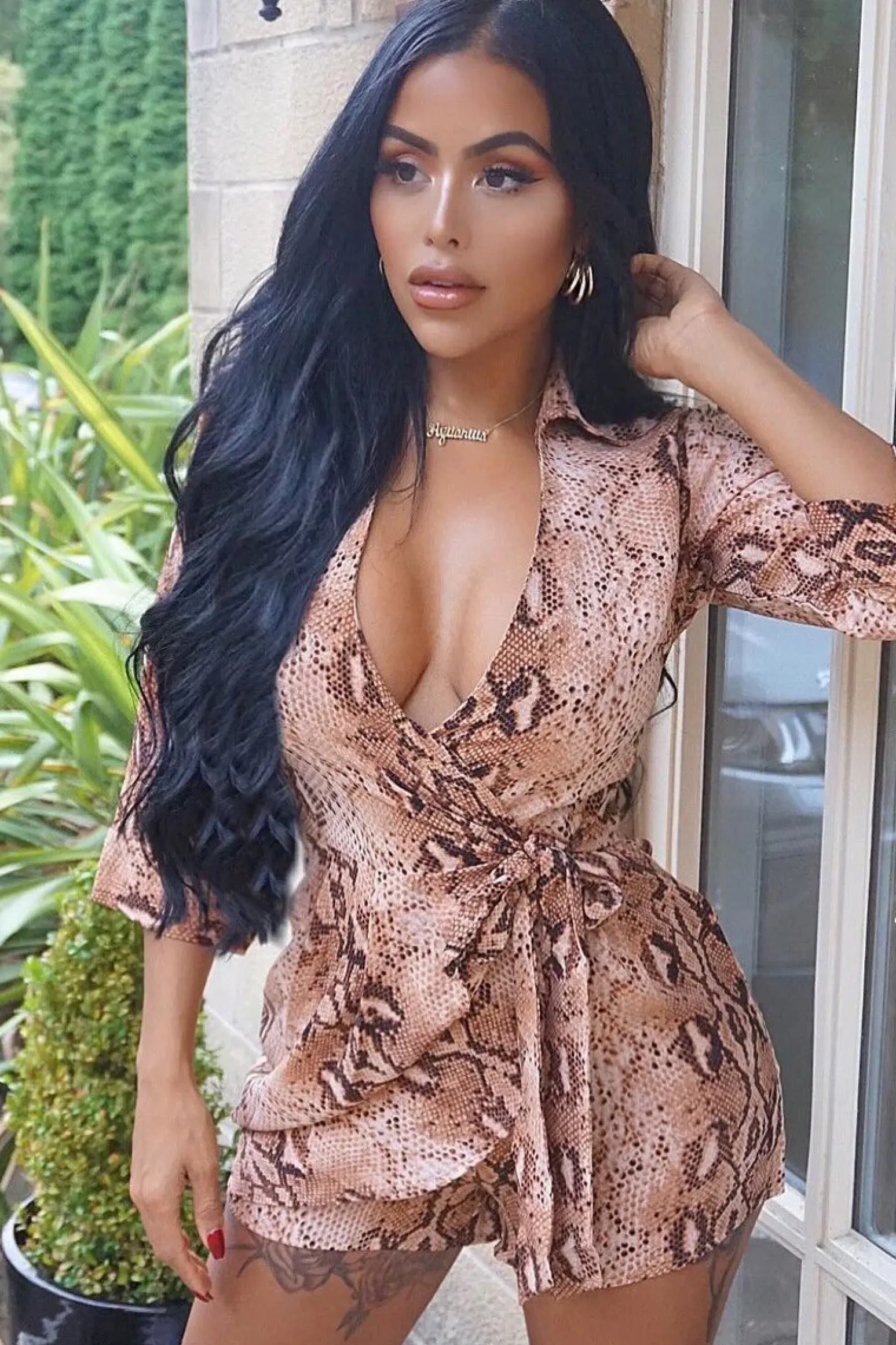 Rebellious Fashion Snake Print Wrap Plunge Playsuit - Aasha