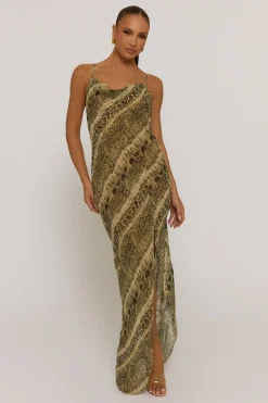 Rebellious Fashion Snake Semi Sheer Cowl Maxi Dress - Romilda