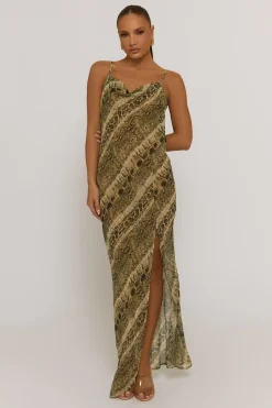 Rebellious Fashion Snake Semi Sheer Cowl Maxi Dress - Romilda