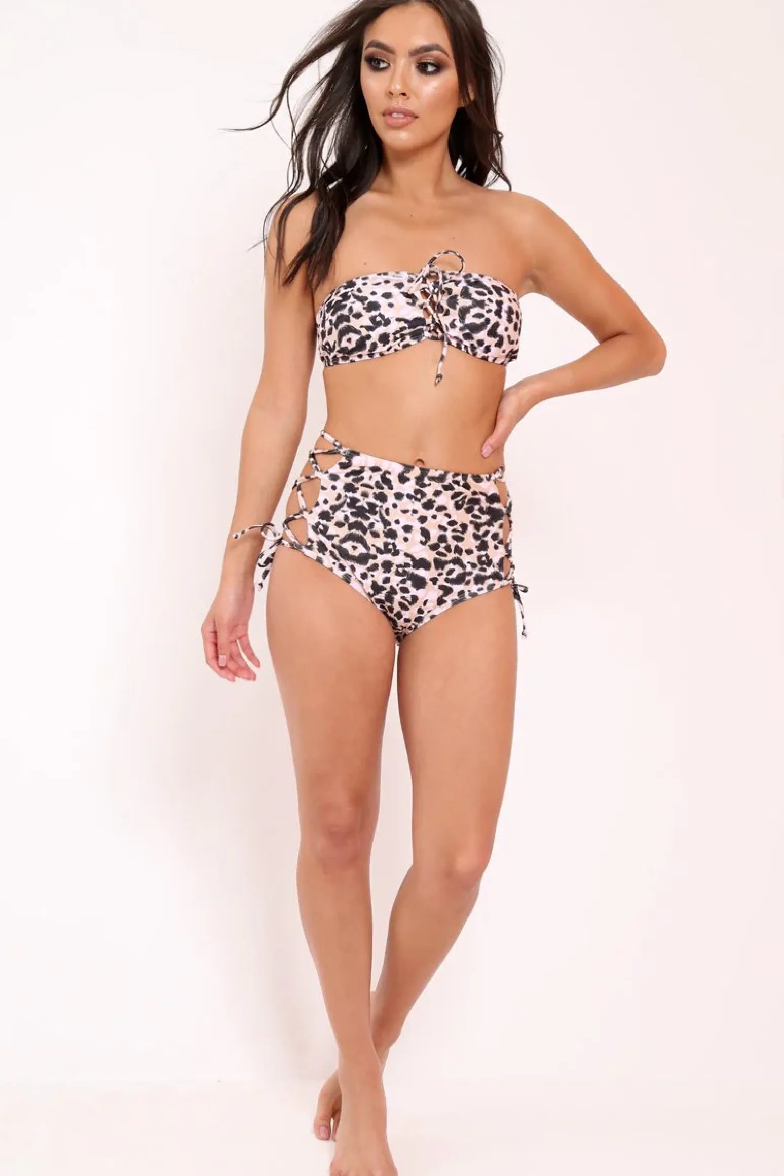 Rebellious Fashion South Beach Black And Pink Animal Print Bandeau High Waist Bikini Set