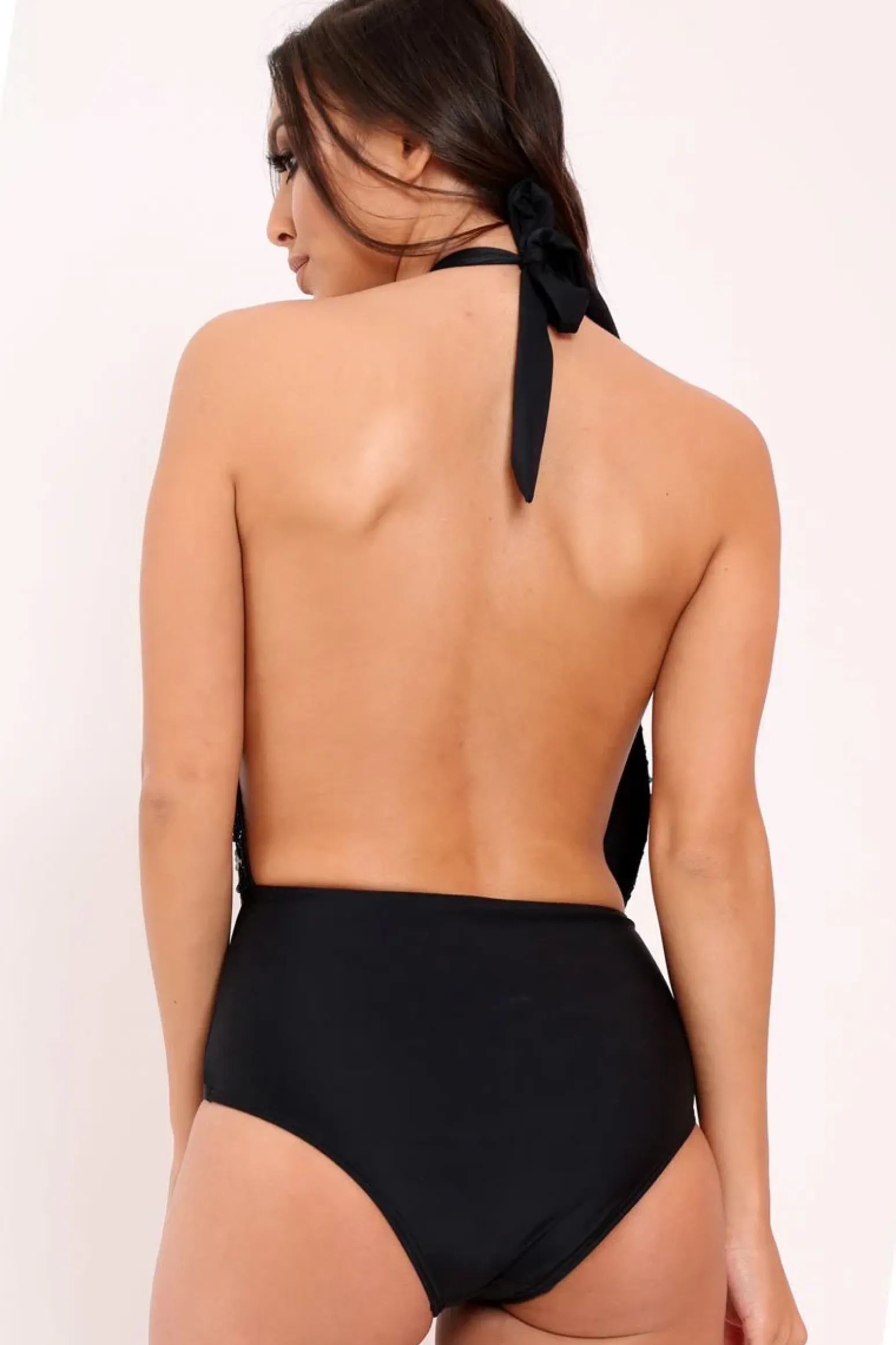 Rebellious Fashion South Beach Black and Teal Sequined Plunge Swimsuit