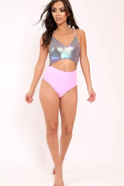 Rebellious Fashion South Beach Iridescent Metallic and Pink Cut Out Swimsuit