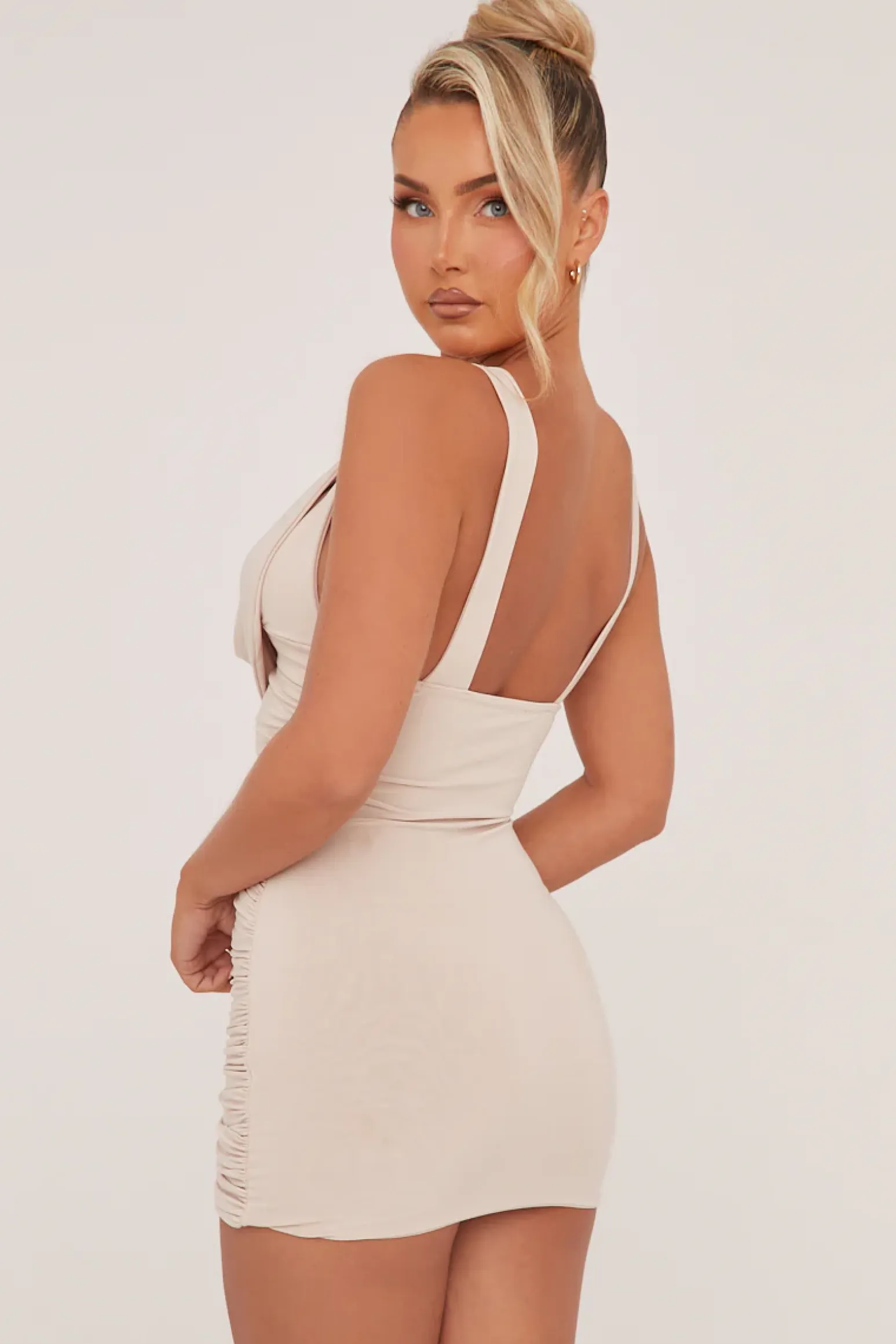 Rebellious Fashion Stone Cowl Neck Ruched Bodycon Mini Dress - Luca