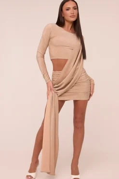 Rebellious Fashion Stone Cut Out Detail Draped Long Sleeves Mini Dress - Becca