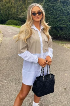 Rebellious Fashion Stone Faux Leather Panel Shirt Dress - Arriya