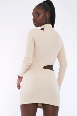 Rebellious Fashion Stone Rib High Neck Front Cut Out Mini Dress - Paige
