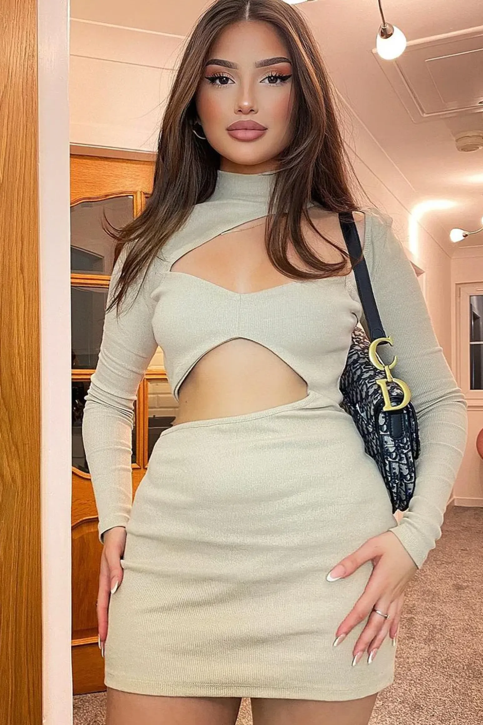Rebellious Fashion Stone Rib High Neck Front Cut Out Mini Dress - Paige