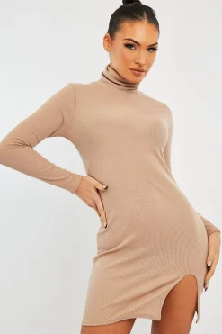 Rebellious Fashion Stone Ribbed High Neck Side Split Mini Dress - Jamela