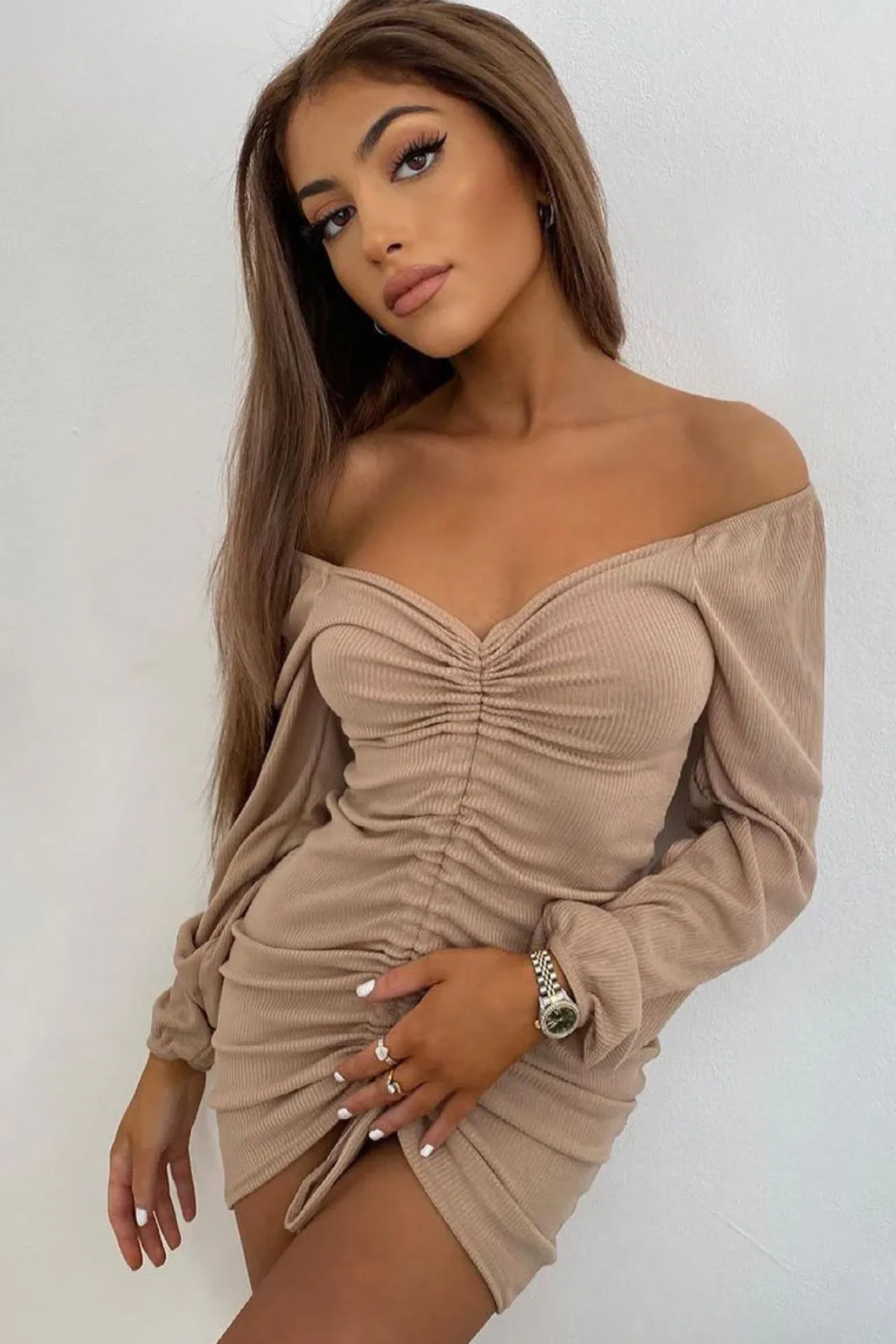 Rebellious Fashion Stone Ribbed Ruched Centre Mini Dress - Nahlia