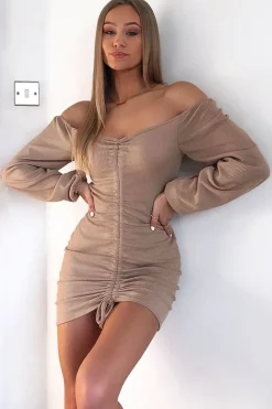 Rebellious Fashion Stone Ribbed Ruched Centre Mini Dress - Nahlia
