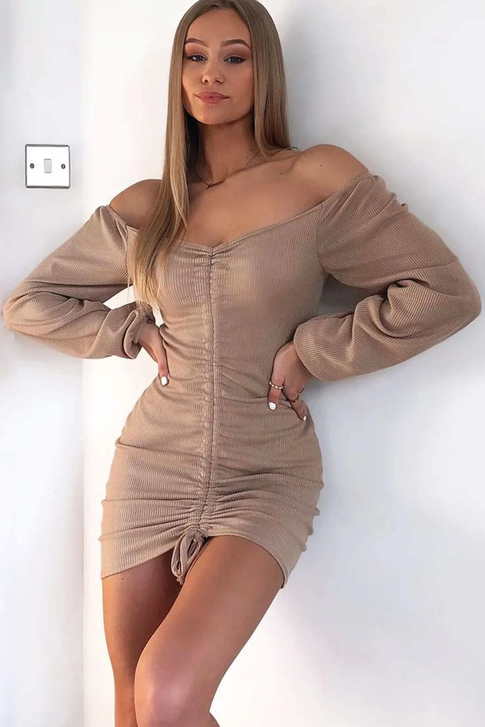 Rebellious Fashion Stone Ribbed Ruched Centre Mini Dress - Nahlia