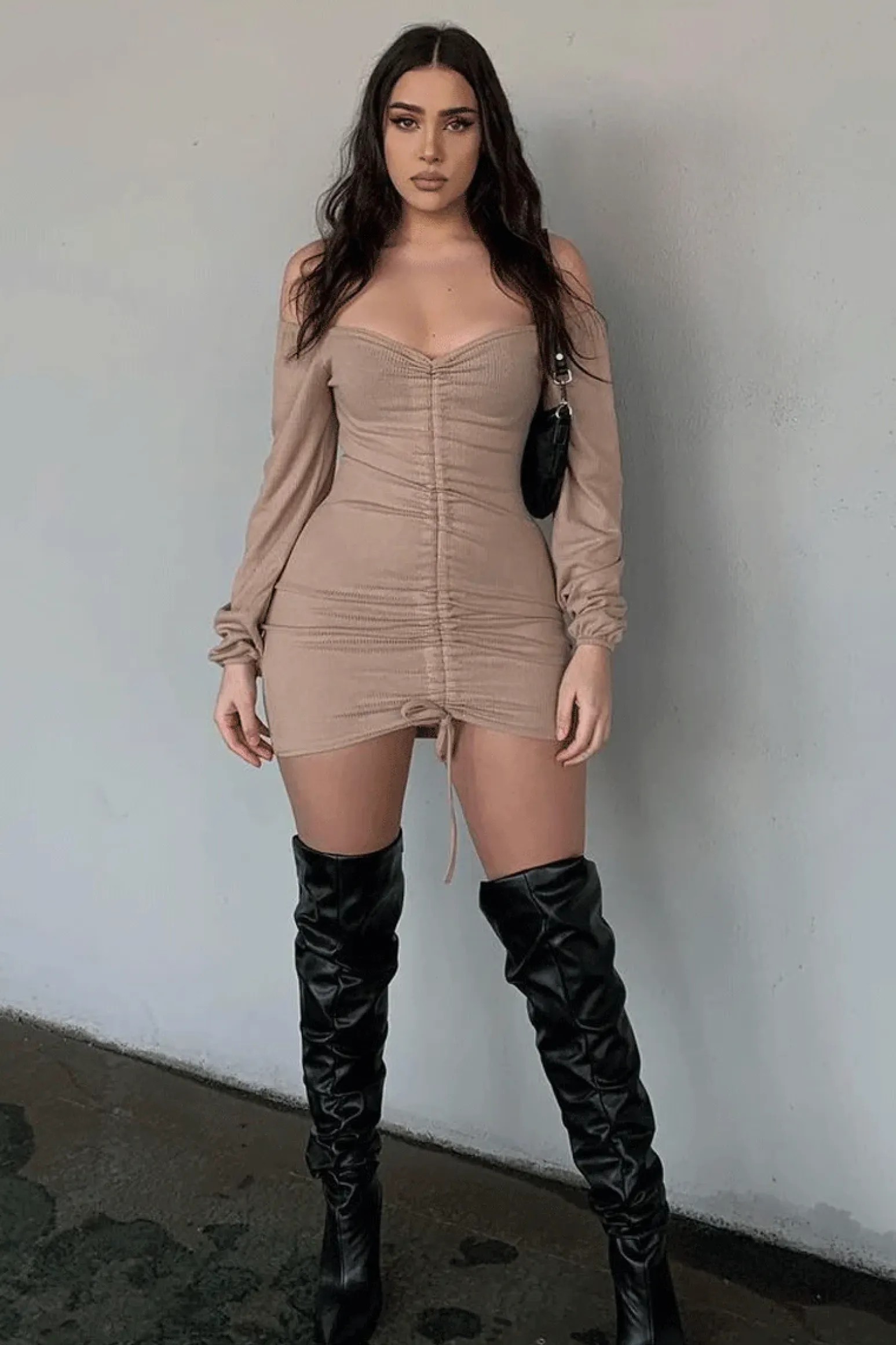 Rebellious Fashion Stone Ribbed Ruched Centre Mini Dress - Nahlia