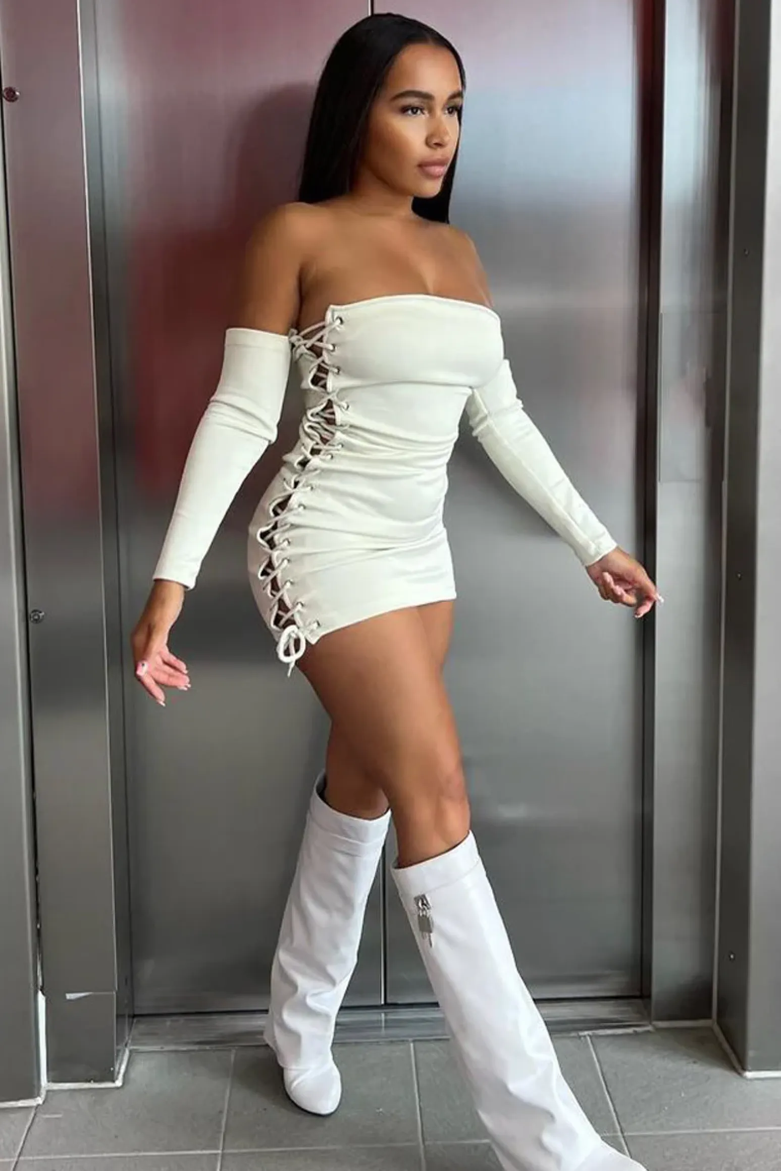 Rebellious Fashion Stone Side Lace Up Bandeau Mini Dress - Aiza
