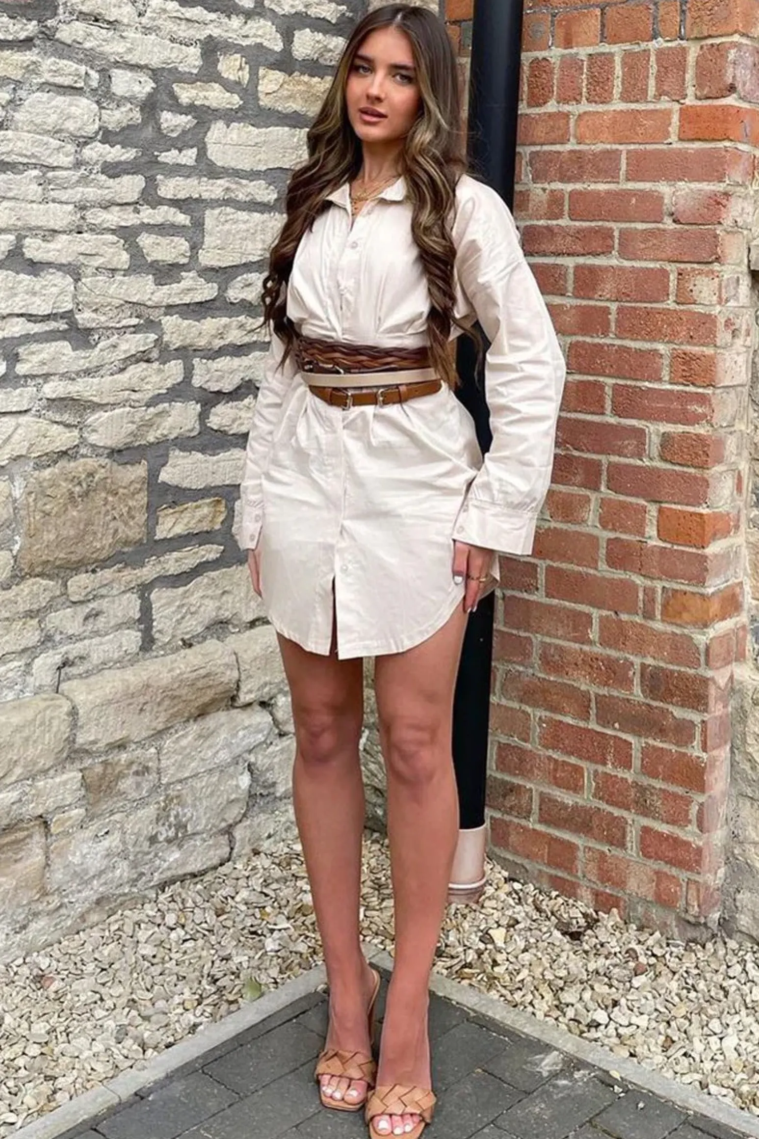 Rebellious Fashion Stone Tailored Waist Long Sleeve Shirt Dress - Laritza