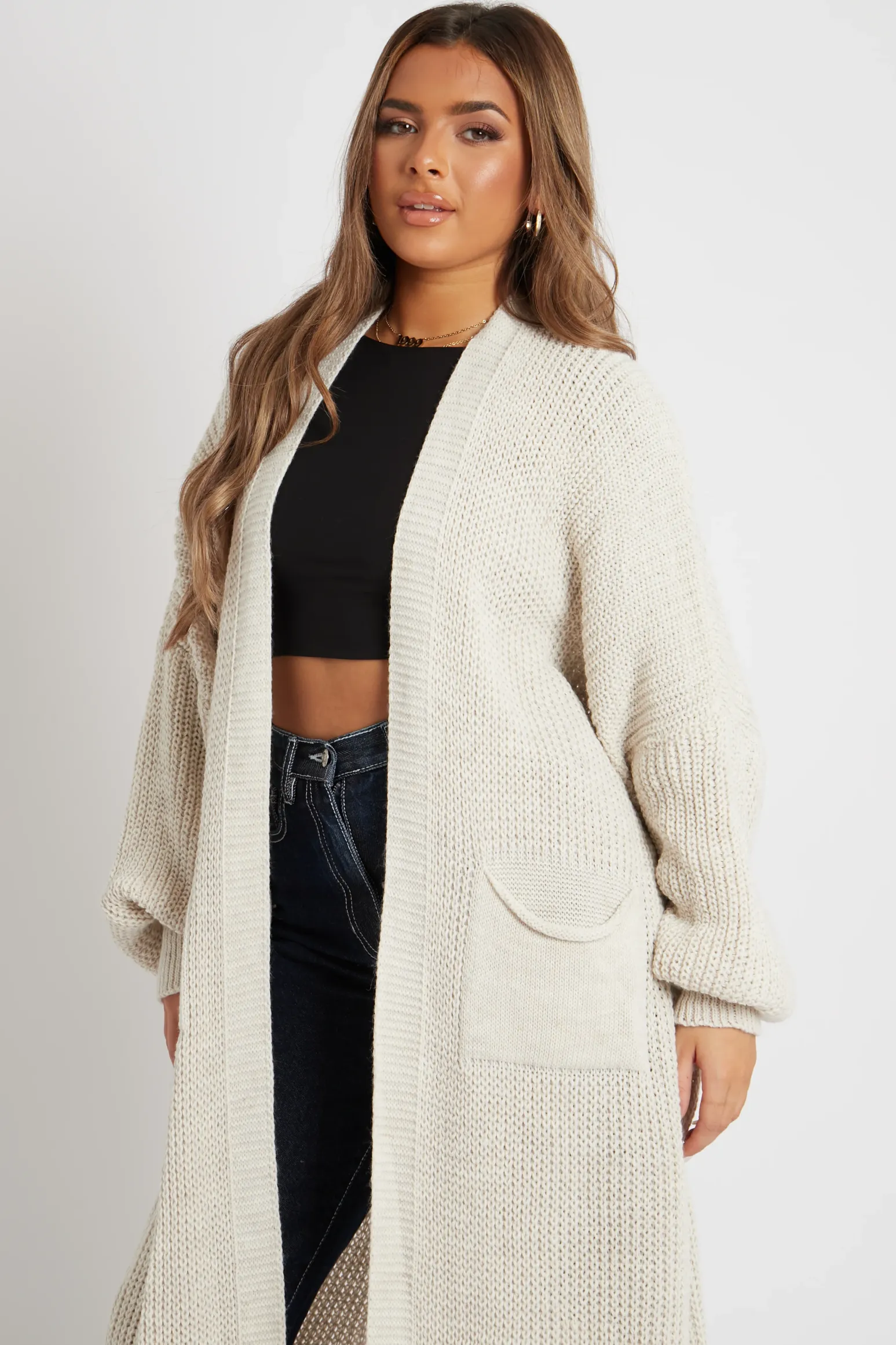 Rebellious Fashion Stone Balloon Sleeve Maxi Knit Cardigan - Imara