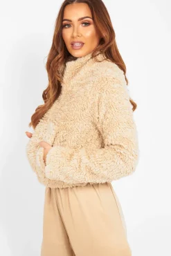 Rebellious Fashion Stone Borg Zip Front Crop Jacket - Kazi
