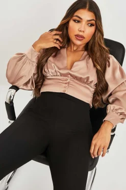 Rebellious Fashion Stone Button Front Plunge Satin Crop Top - Khali