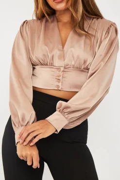 Rebellious Fashion Stone Button Front Plunge Satin Crop Top - Khali