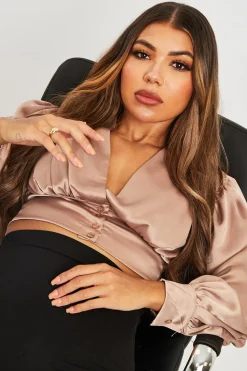 Rebellious Fashion Stone Button Front Plunge Satin Crop Top - Khali