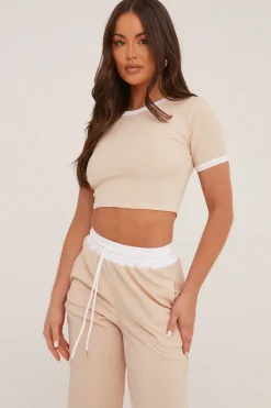 Rebellious Fashion Stone Contrast Binding Cropped Top & Wide Leg Trousers Co-ord Set - Kloni