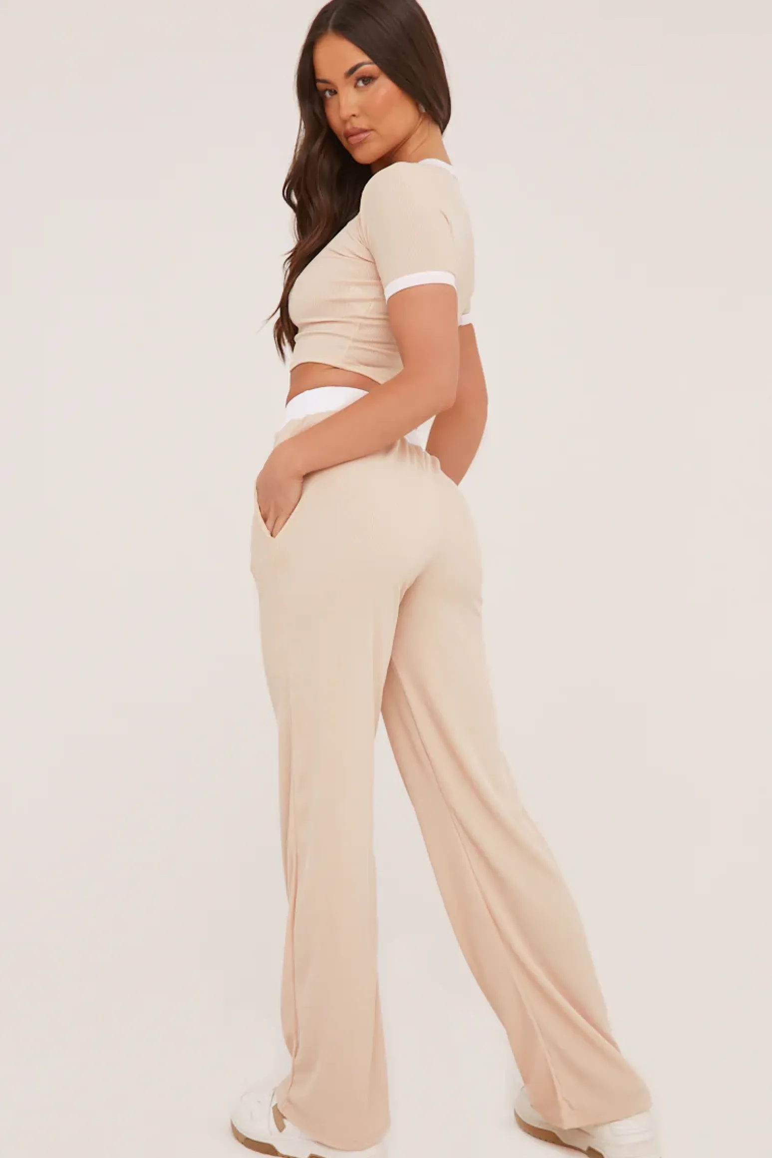 Rebellious Fashion Stone Contrast Binding Cropped Top & Wide Leg Trousers Co-ord Set - Kloni