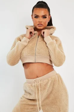Rebellious Fashion Stone Cropped Teddy Zip Up Hoodie - Cheryl