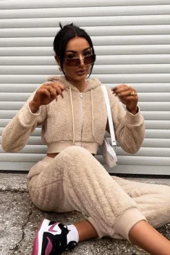 Rebellious Fashion Stone Cropped Teddy Zip Up Hoodie - Cheryl