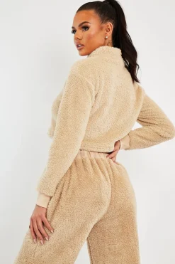 Rebellious Fashion Stone Cropped Zip Front Teddy Jumper - Brady