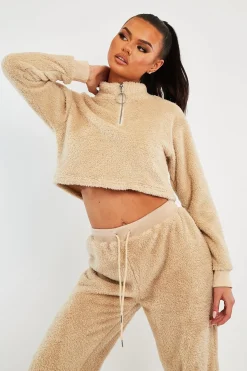 Rebellious Fashion Stone Cropped Zip Front Teddy Jumper - Brady