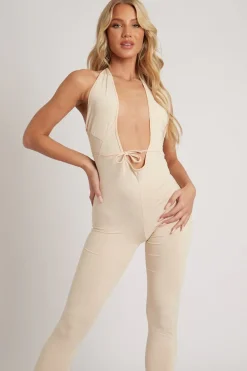 Rebellious Fashion Stone Cut Out Tie Front Jumpsuit - Edla