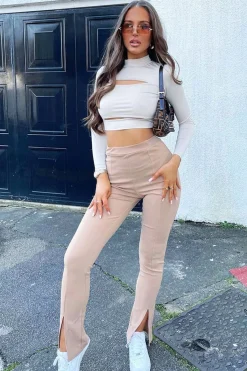 Rebellious Fashion Stone Double Cut Out High Neck Slinky Crop Top - Joana