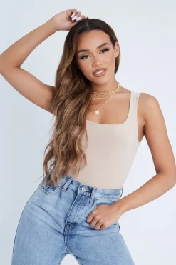 Rebellious Fashion Stone Double Layered Slinky Square Neck Bodysuit - Iriana