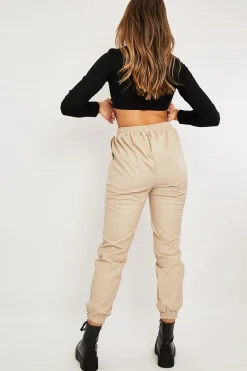Rebellious Fashion Stone Faux Leather Drawstring Waist Joggers - Persia