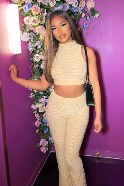 Rebellious Fashion Stone High Neck Crop Top & Flare Pants Set - Dailyn