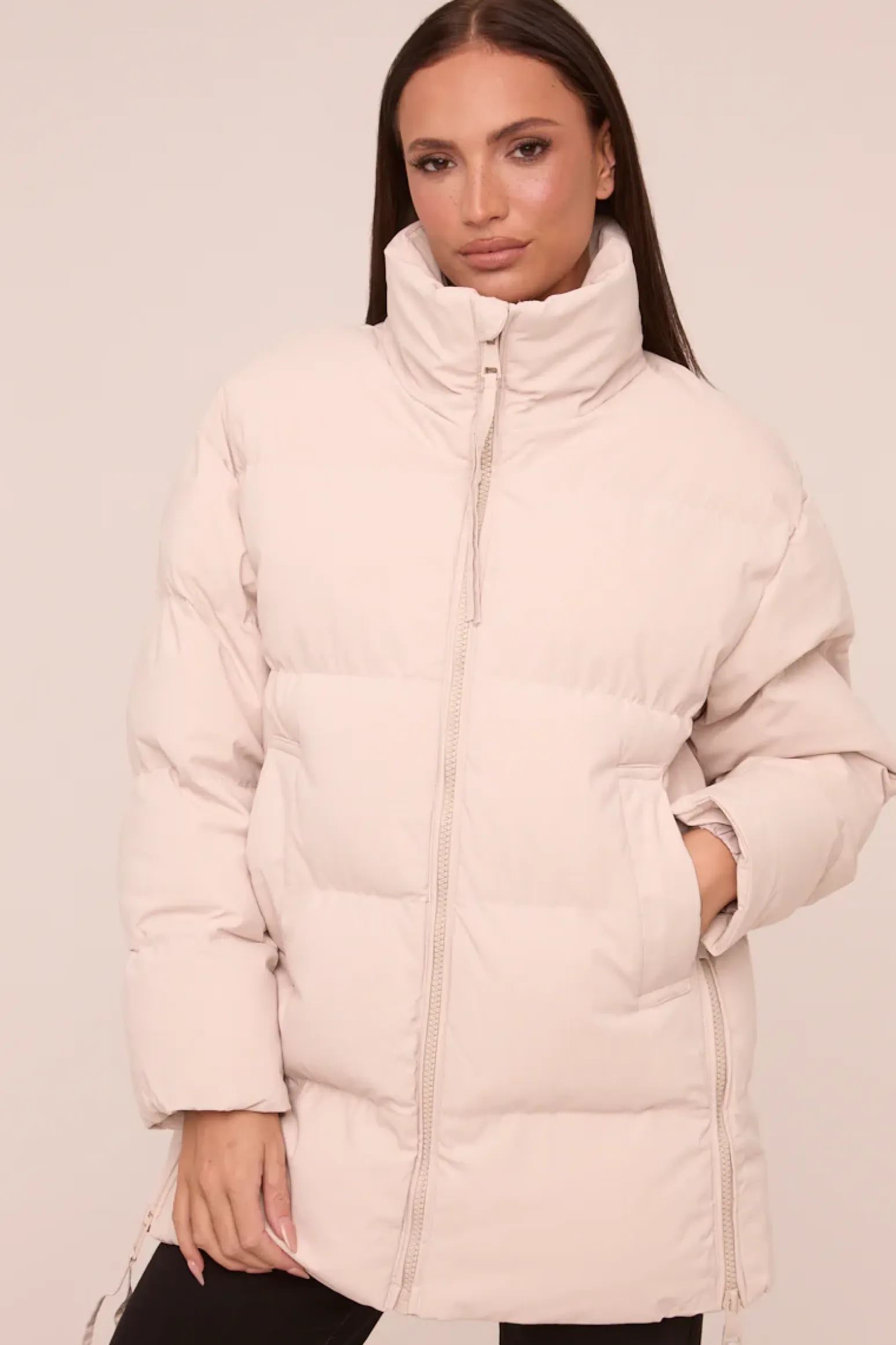 Rebellious Fashion Stone High Neck Zip Fastening Puffer Jacket - Camelia