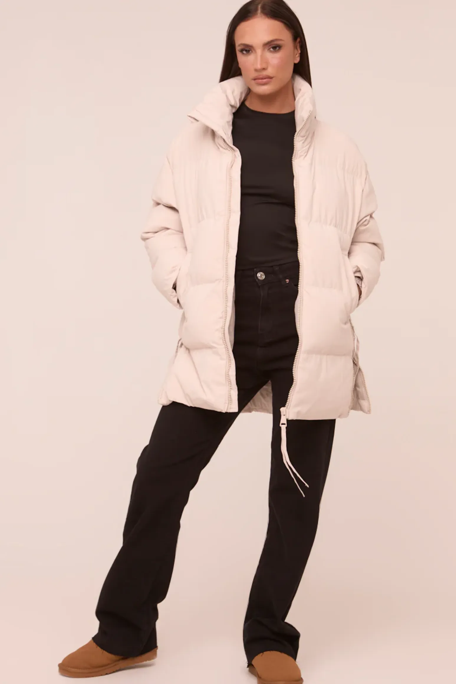 Rebellious Fashion Stone High Neck Zip Fastening Puffer Jacket - Camelia