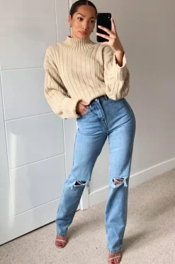 Rebellious Fashion Stone Knit High Neck Jumper - Jaelynn