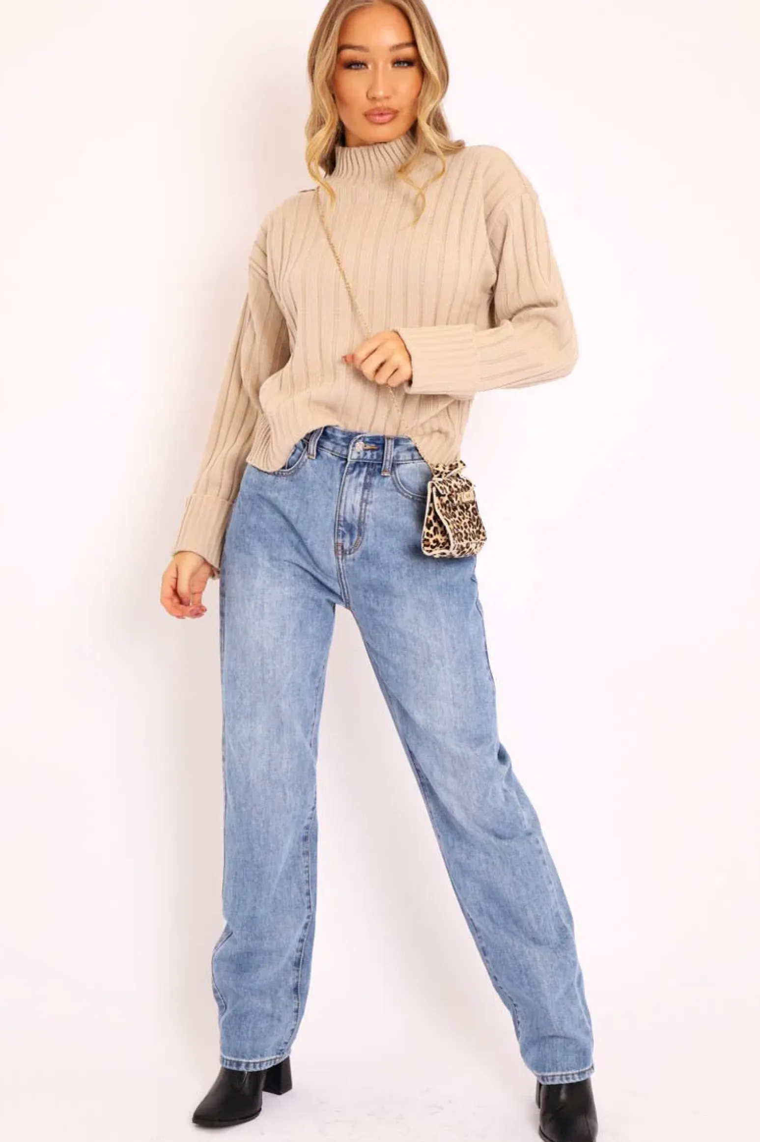 Rebellious Fashion Stone Knit High Neck Jumper - Jaelynn